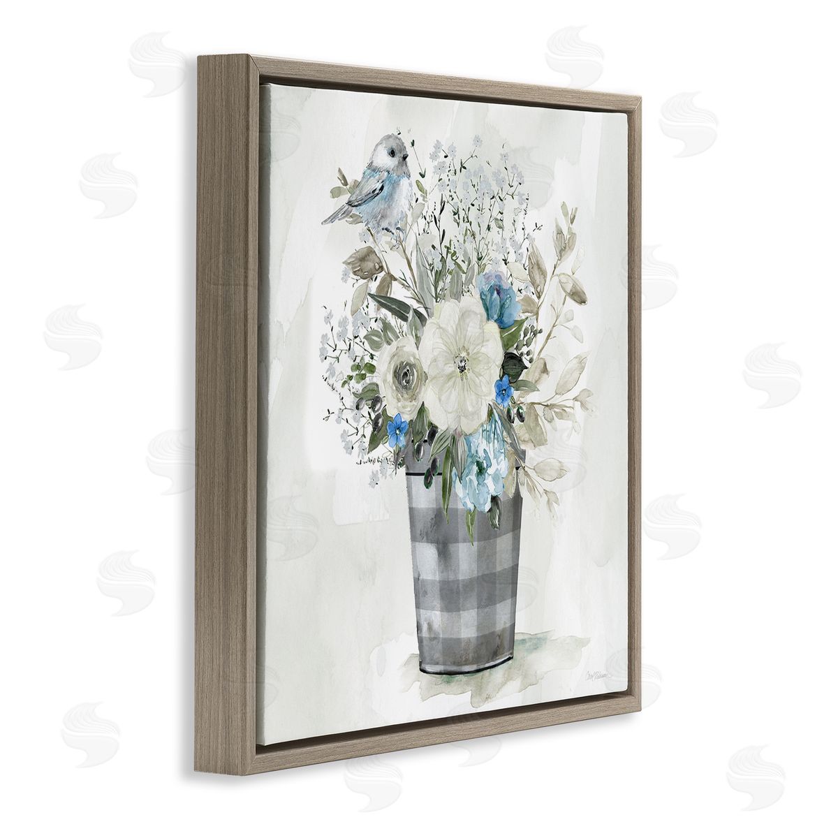 Carol Robinson Cottage Blooms Plaid Vase Brown Floating Frame Canvas Wall Art Print