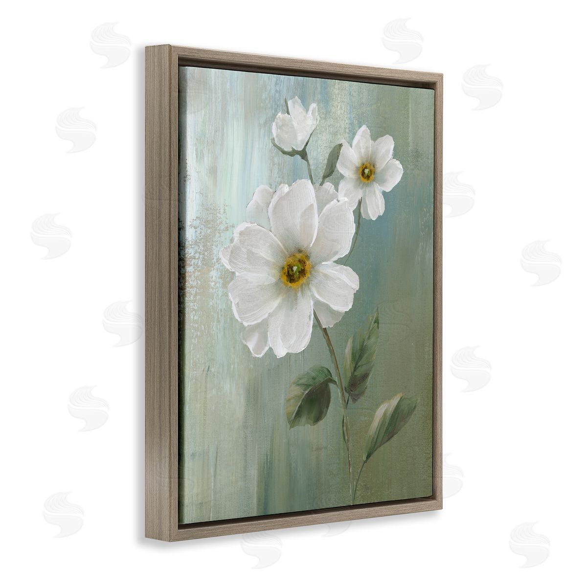 Nan Blooming White Blossoms Brown Floating Frame Canvas Wall Art Print