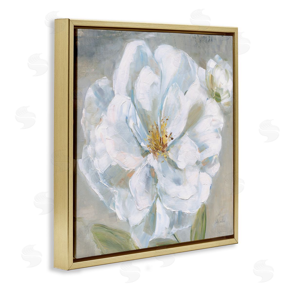 Sally Swatland Curling White Flower Petals Gold Floating Frame Canvas Wall Art Print