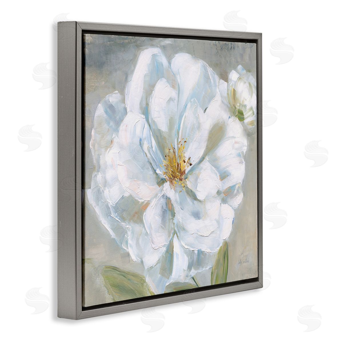 Sally Swatland Curling White Flower Petals Gray Floating Frame Canvas Wall Art Print