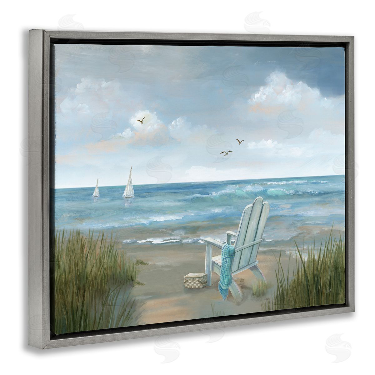 Nan Soothing Beach Scenery Gray Floating Frame Canvas Wall Art Print