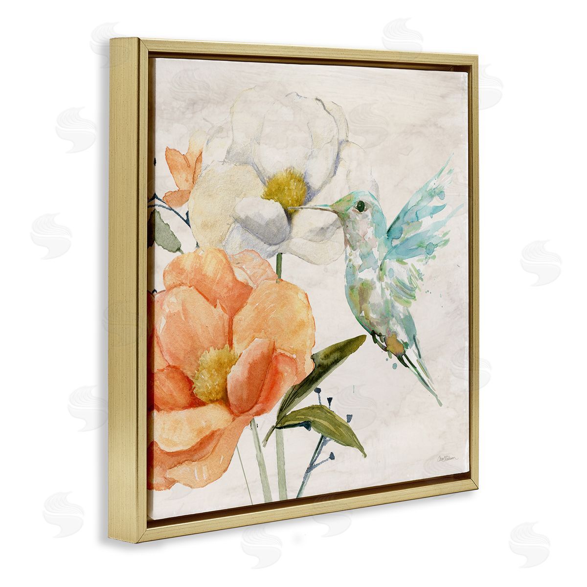 Carol Robinson Hummingbird & Flower Nectar Gold Floating Frame Canvas Wall Art Print