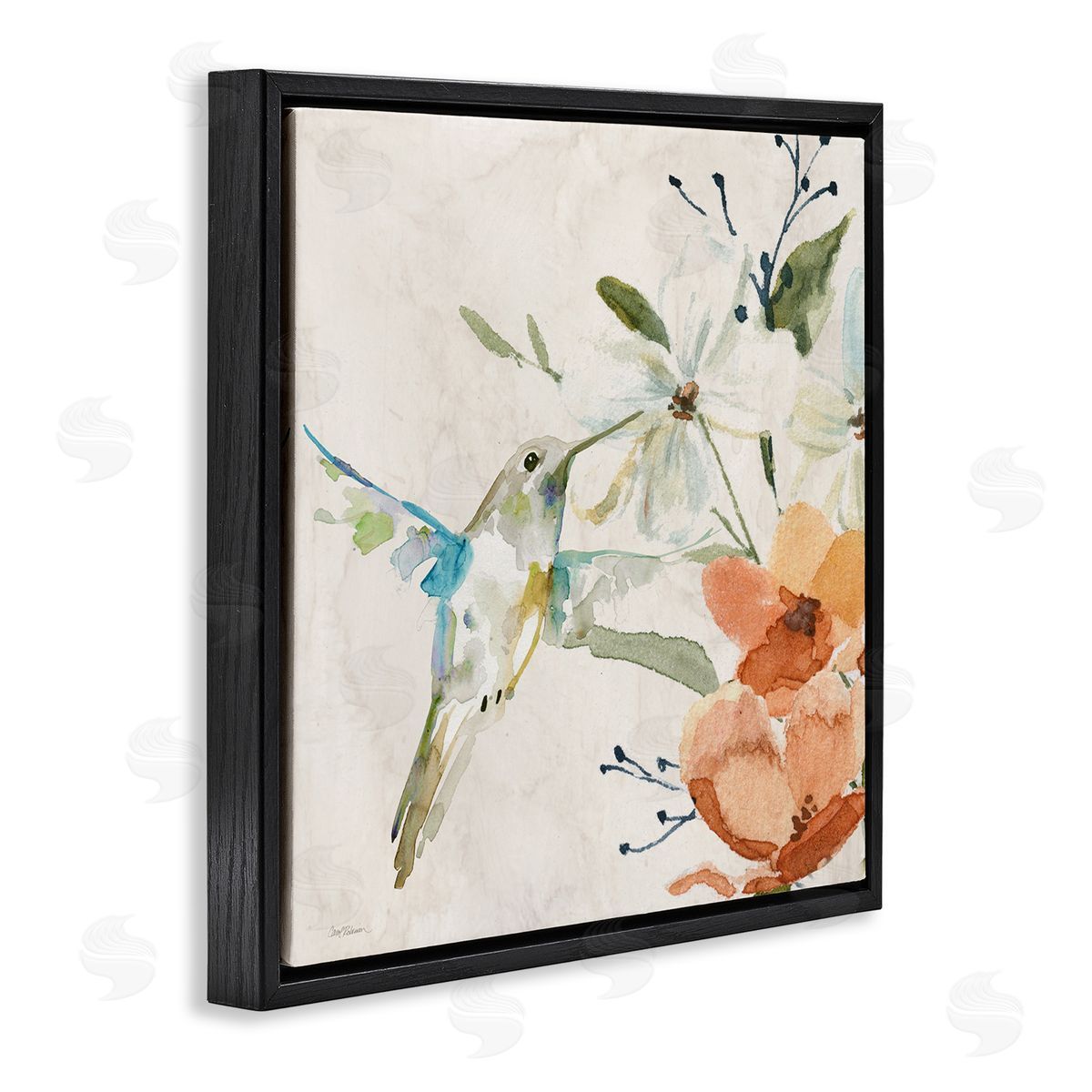 Carol Robinson Soft Florals & Hummingbird Black Floating Frame Canvas Wall Art Print