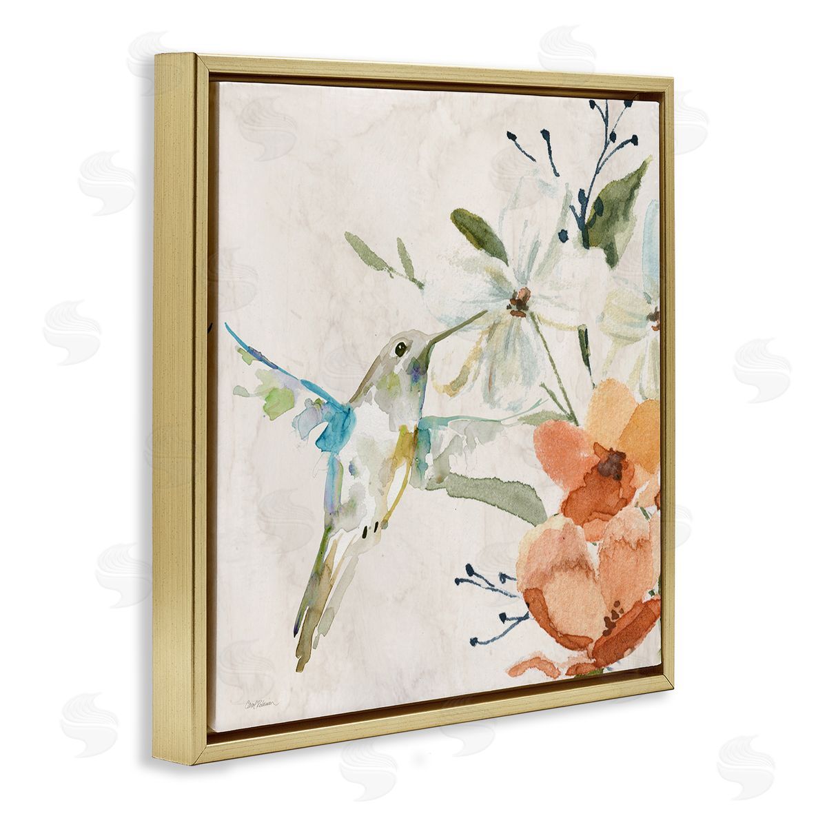 Carol Robinson Soft Florals & Hummingbird Gold Floating Frame Canvas Wall Art Print