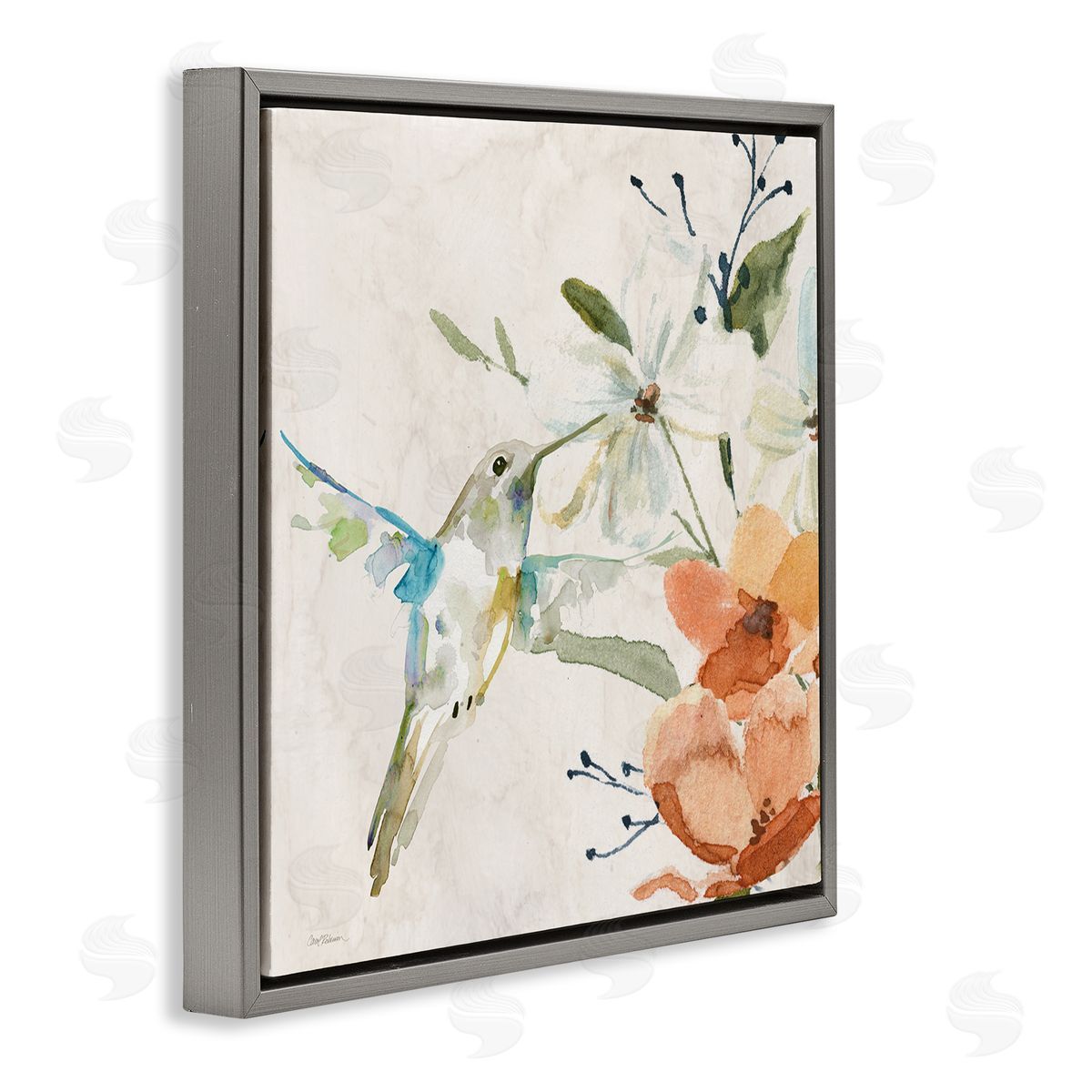 Carol Robinson Soft Florals & Hummingbird Gray Floating Frame Canvas Wall Art Print