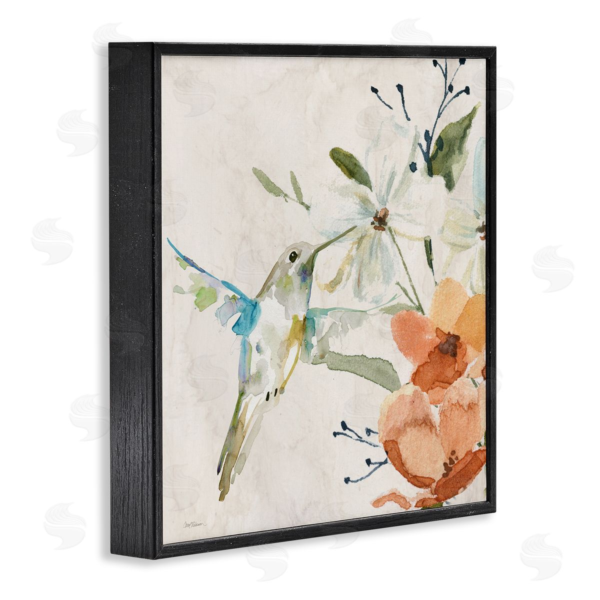 Carol Robinson Soft Florals & Hummingbird Black Framed Giclee Wall Art Print