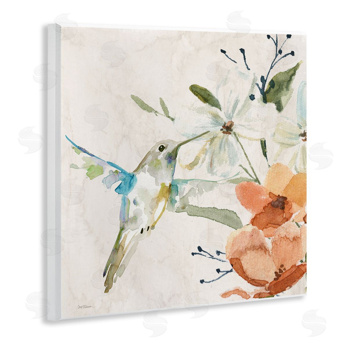 Carol Robinson Soft Florals & Hummingbird Wooden Wall Plaque Art Print