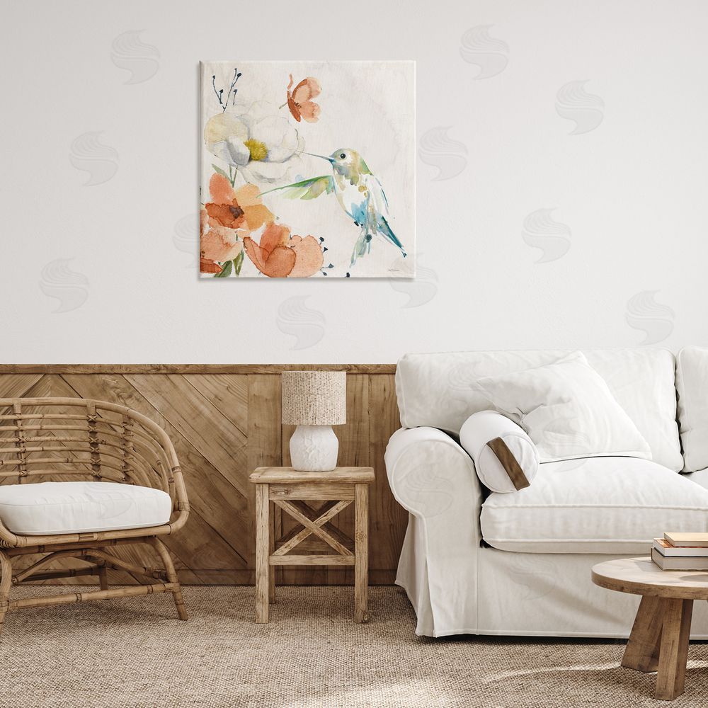 Carol Robinson Cottage Flowers & Bird Canvas Wall Art Print in Room