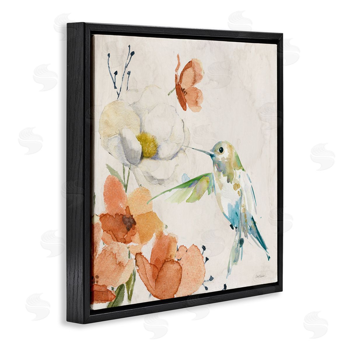 Carol Robinson Cottage Flowers & Bird Black Floating Frame Canvas Wall Art Print