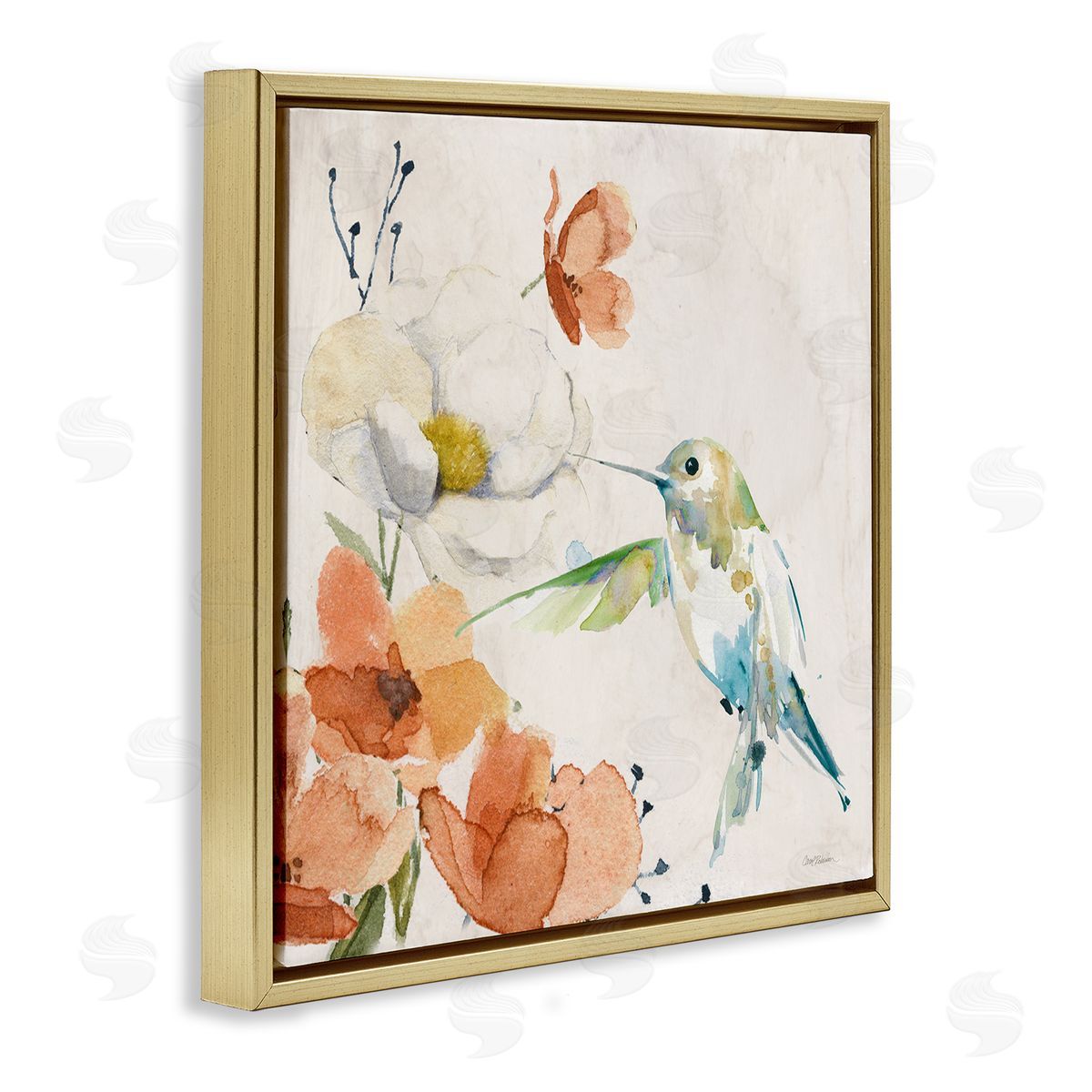Carol Robinson Cottage Flowers & Bird Gold Floating Frame Canvas Wall Art Print