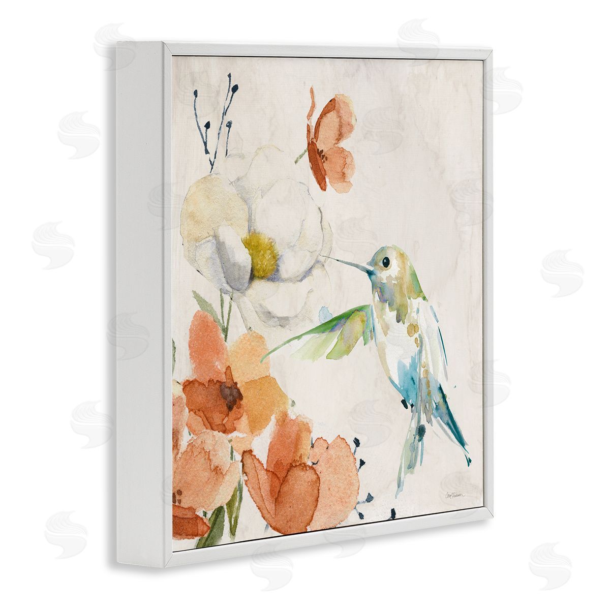 Carol Robinson Cottage Flowers & Bird White Framed Giclee Wall Art Print