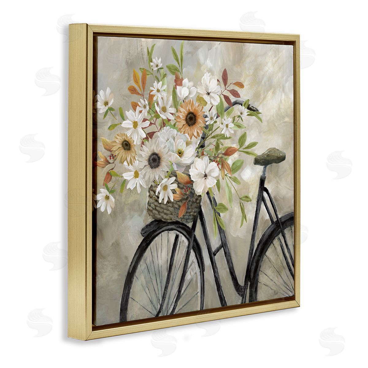 Nan Country Floral Bicycle Gold Floating Frame Canvas Wall Art Print