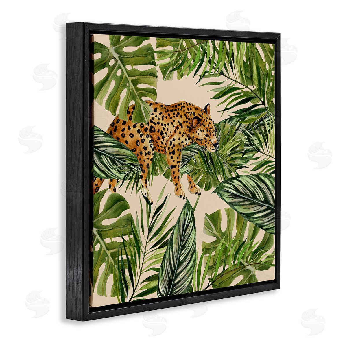 Janet Tava Resting Leopard on Branch Black Floating Frame Canvas Wall Art Print
