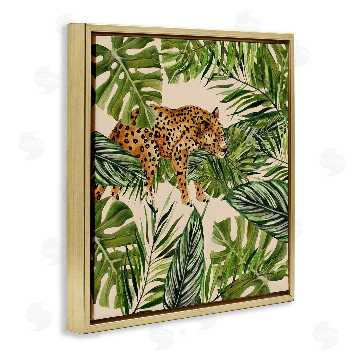Janet Tava Resting Leopard on Branch Gold Floating Frame Canvas Wall Art Print