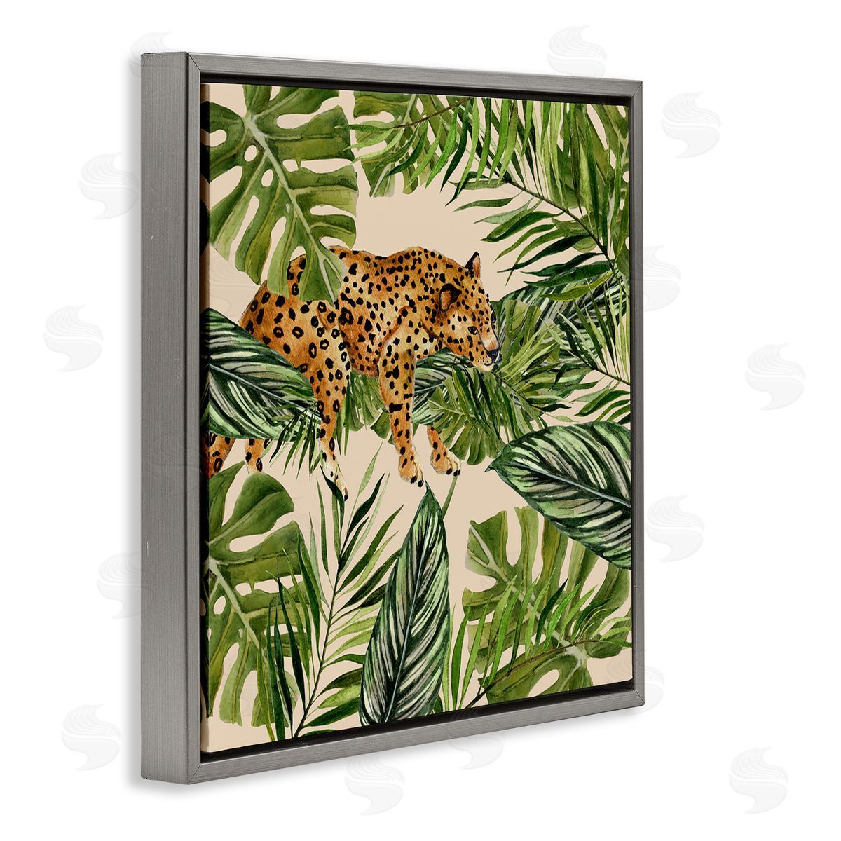 Janet Tava Resting Leopard on Branch Gray Floating Frame Canvas Wall Art Print
