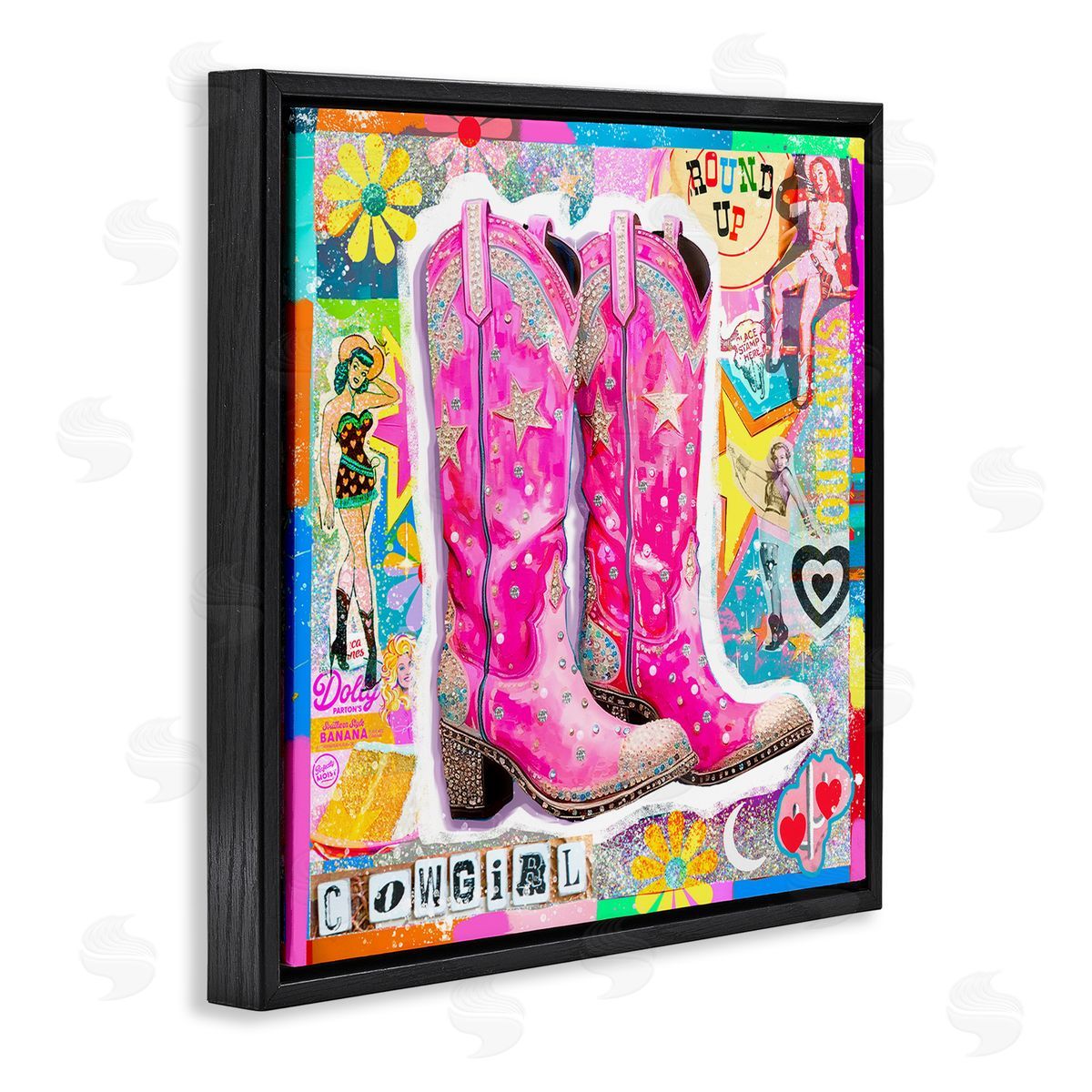 Jess Stempel Groovy Vintage Cowgirl Collage Black Floating Frame Canvas Wall Art Print