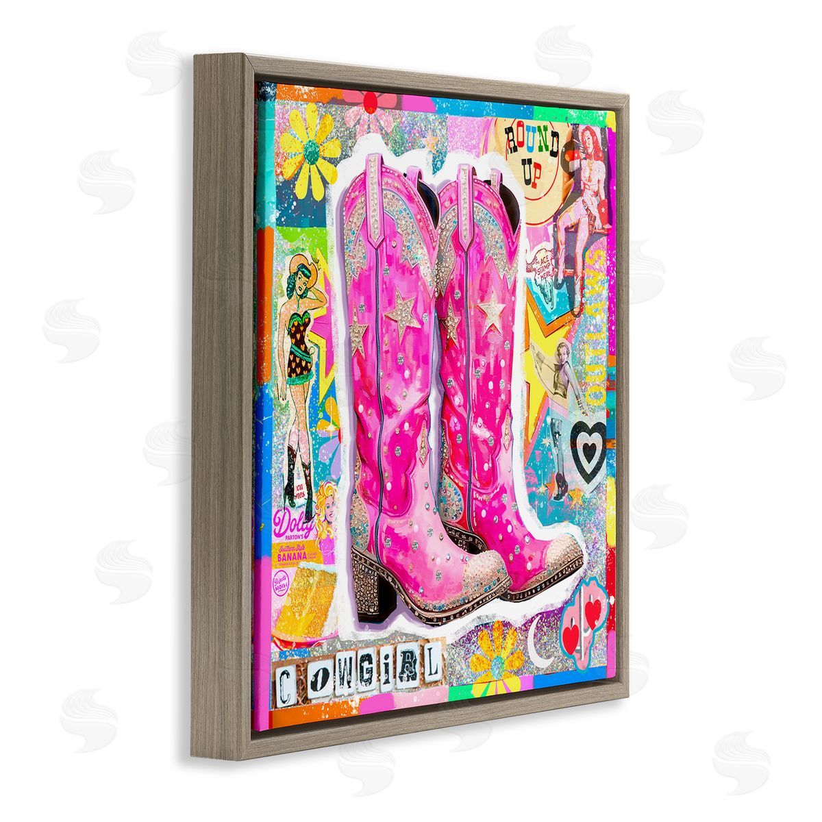 Jess Stempel Groovy Vintage Cowgirl Collage Brown Floating Frame Canvas Wall Art Print