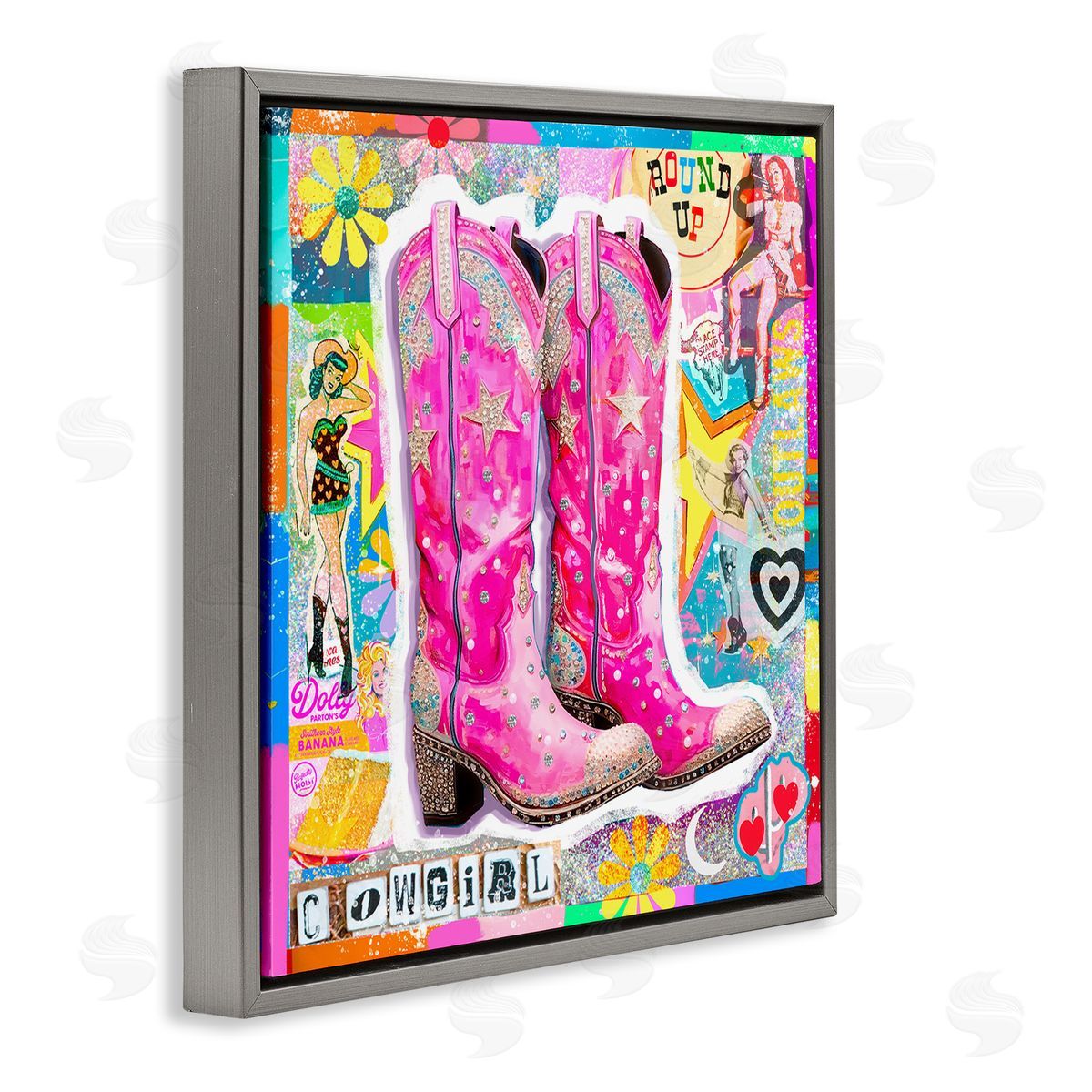 Jess Stempel Groovy Vintage Cowgirl Collage Gray Floating Frame Canvas Wall Art Print