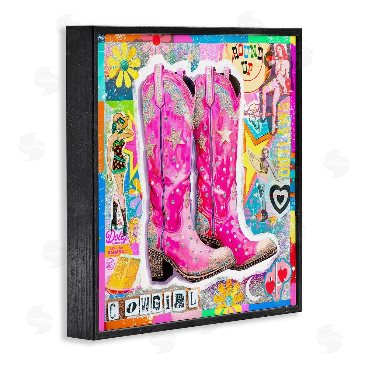 Jess Stempel Groovy Vintage Cowgirl Collage Black Framed Giclee Wall Art Print