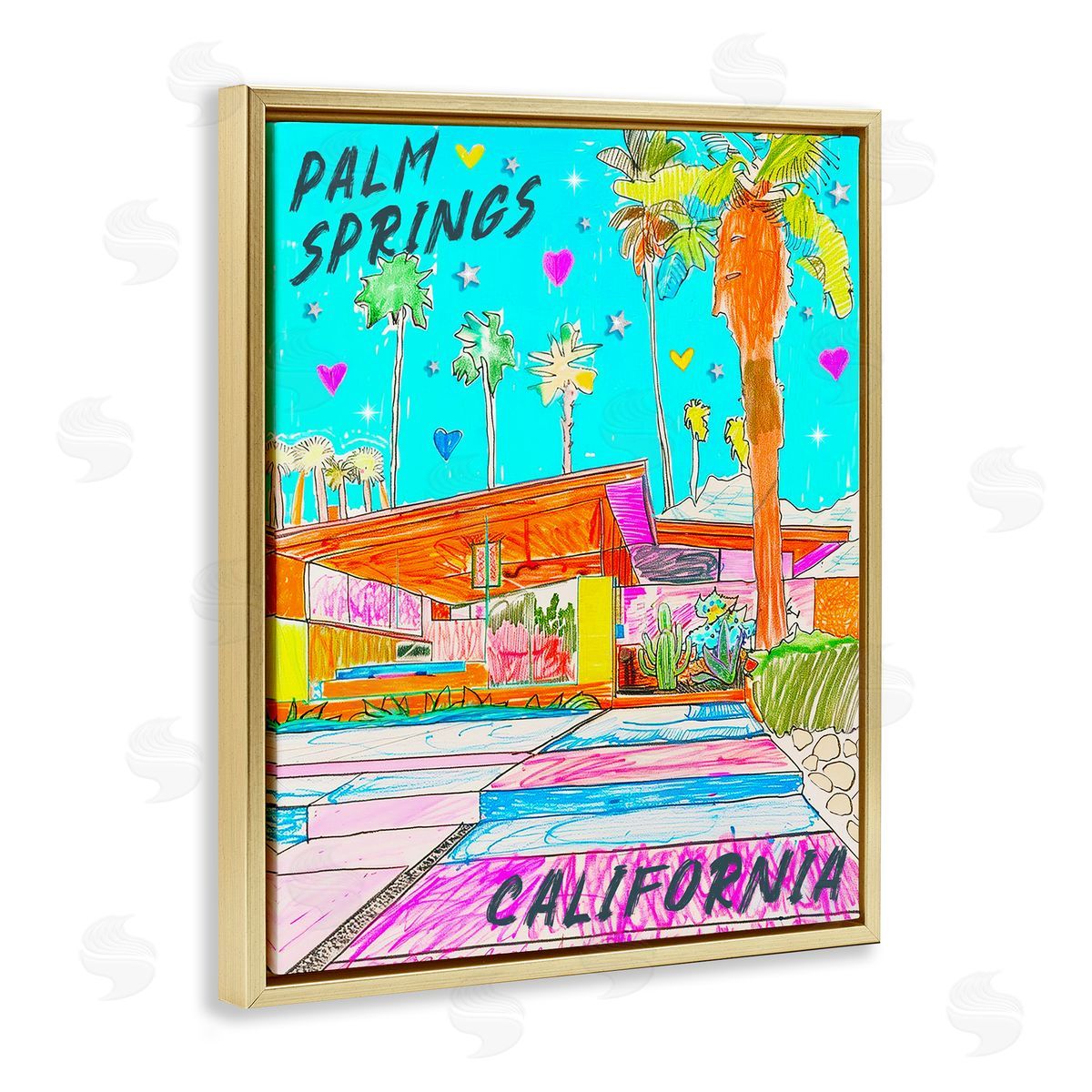 Jess Stempel Palm Springs Villa Doodle Gold Floating Frame Canvas Wall Art Print