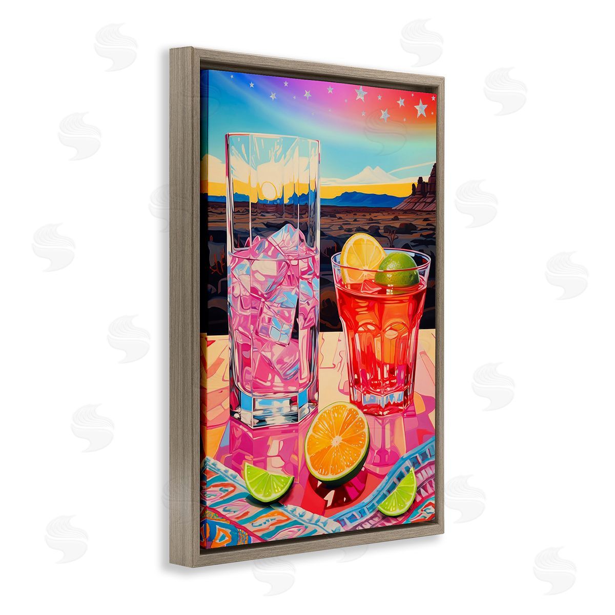 Jess Stempel Cocktails at Sunset View Brown Floating Frame Canvas Wall Art Print