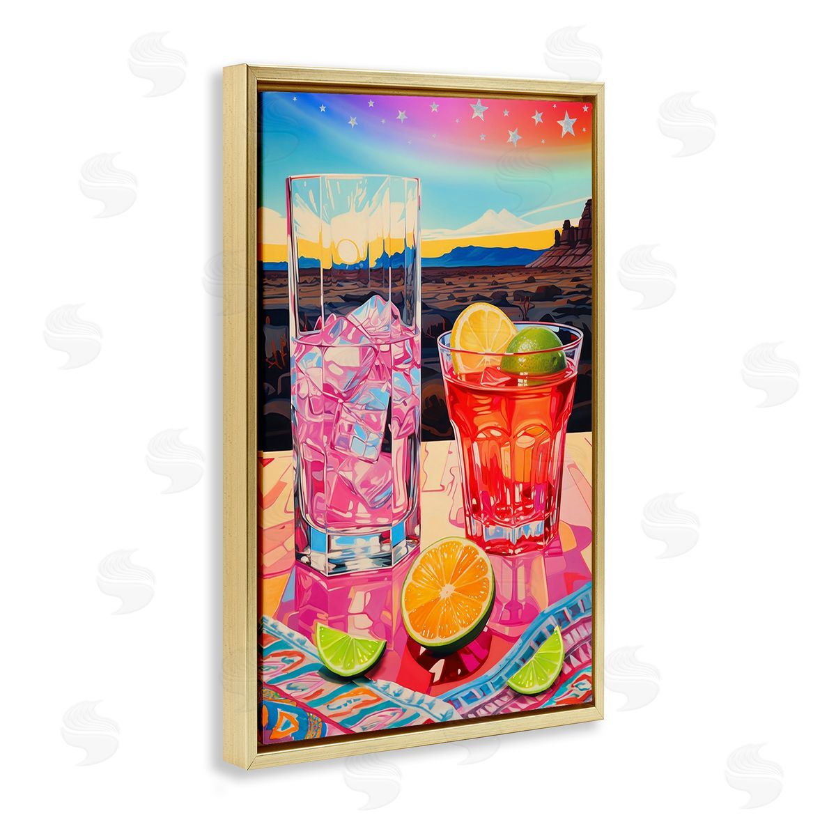 Jess Stempel Cocktails at Sunset View Gold Floating Frame Canvas Wall Art Print