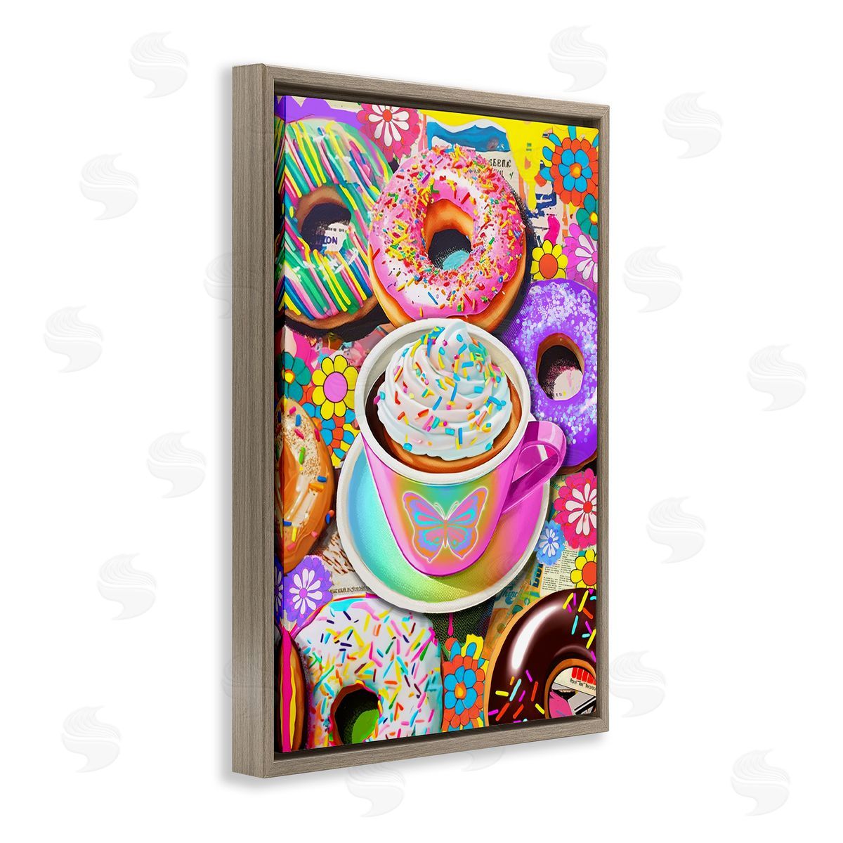 Jess Stempel Pastel Donuts & Coffee Mug Brown Floating Frame Canvas Wall Art Print