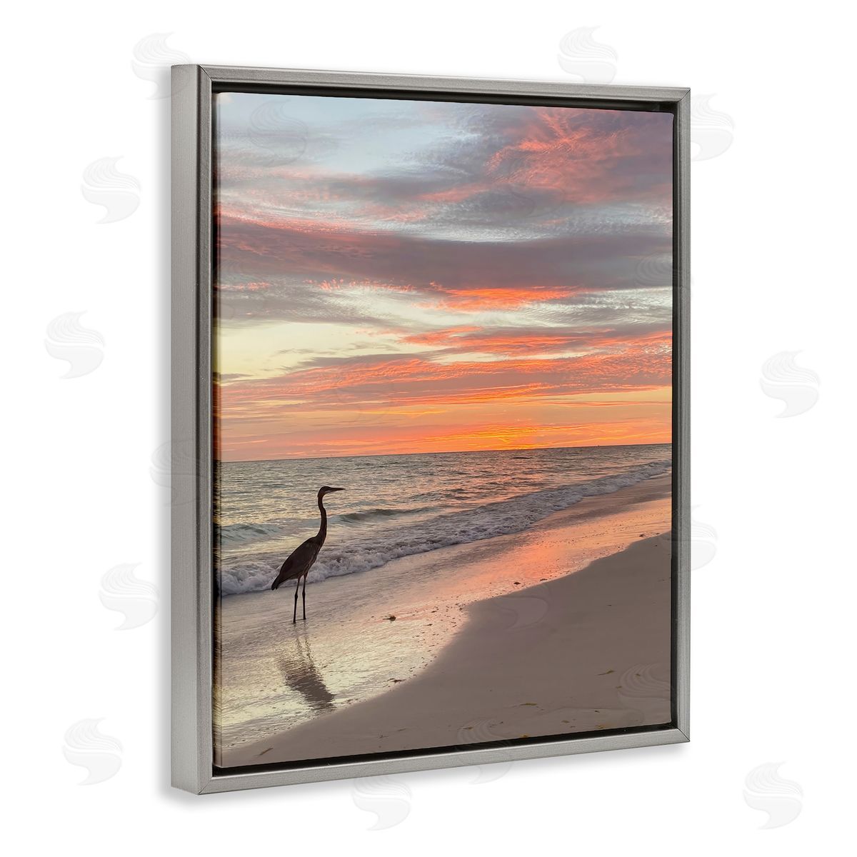 Mary Lou Johnson Lone Egret on Beach Gray Floating Frame Canvas Wall Art Print