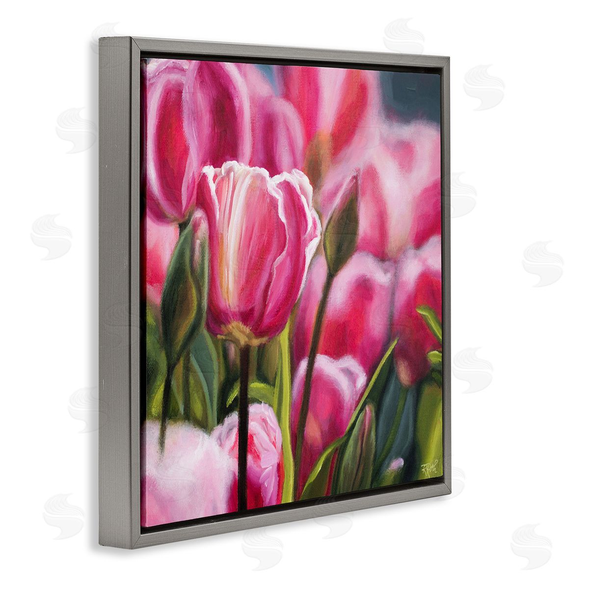 Raquel Roth Pink Tulips Garden Gray Floating Frame Canvas Wall Art Print