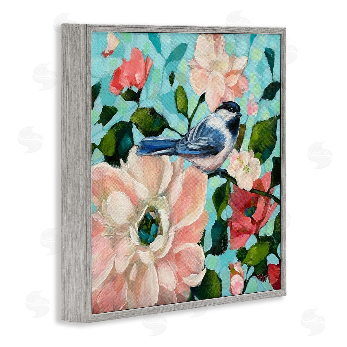 Raquel Roth Blue Bird & Bold Flowers Gray Framed Giclee Wall Art Print