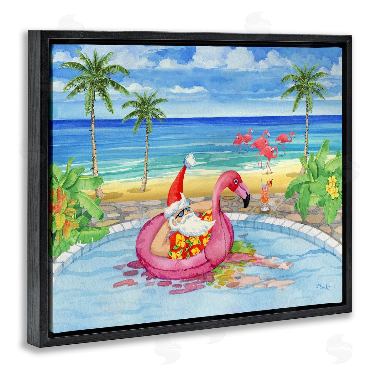 Santa with Pool Float Black Floating Frame Canvas Wall Art, Home Decor by Paul Brent