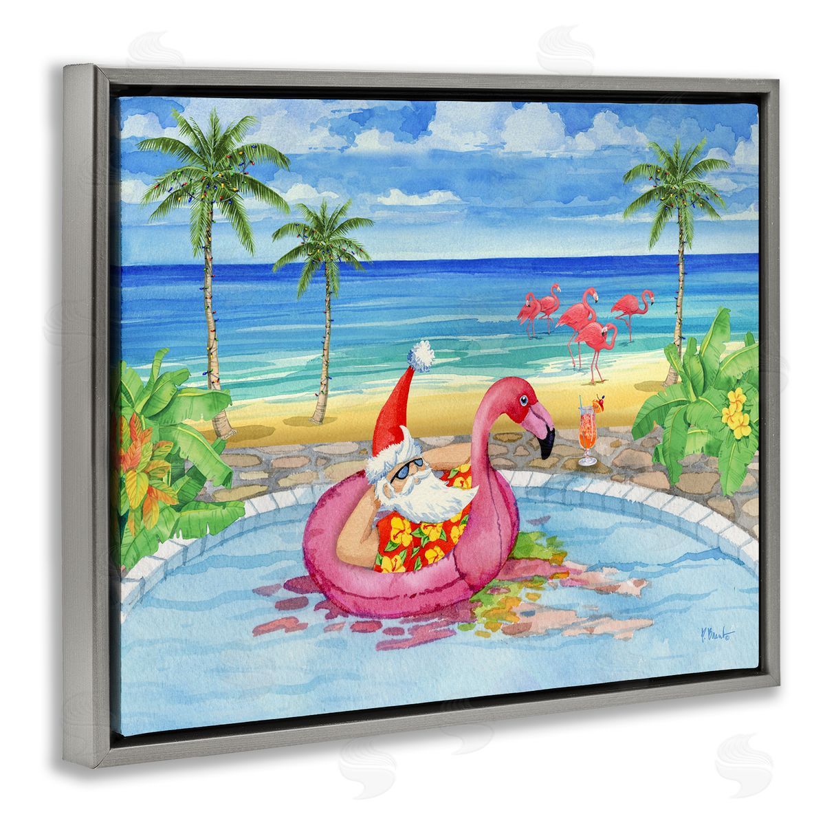 Santa with Pool Float Grey Floating Frame Canvas Wall Art, Home Decor by Paul Brent