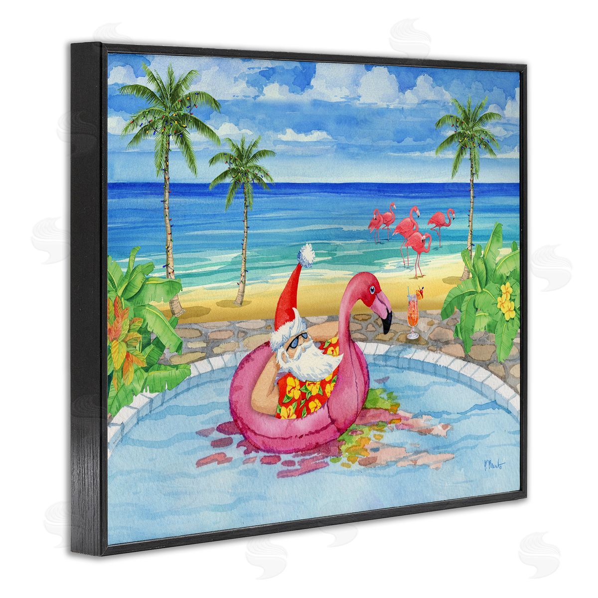 Santa with Pool Float Black Frame Print Wall Art, Home Decor by Paul Brent