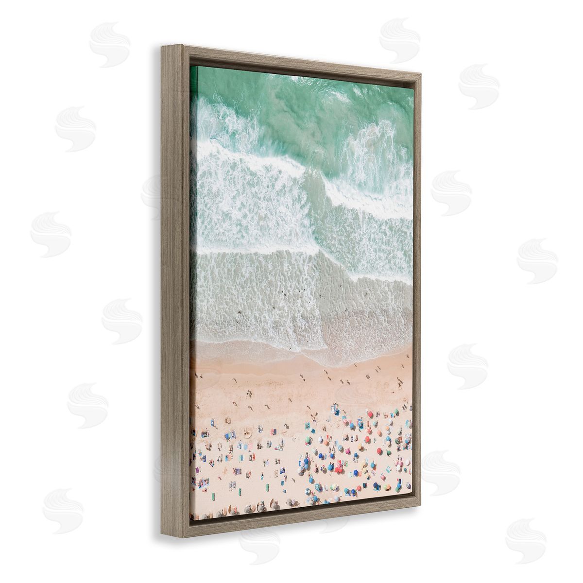 Sisi and Seb Aerial Beachgoers View Brown Floating Frame Canvas Wall Art Print