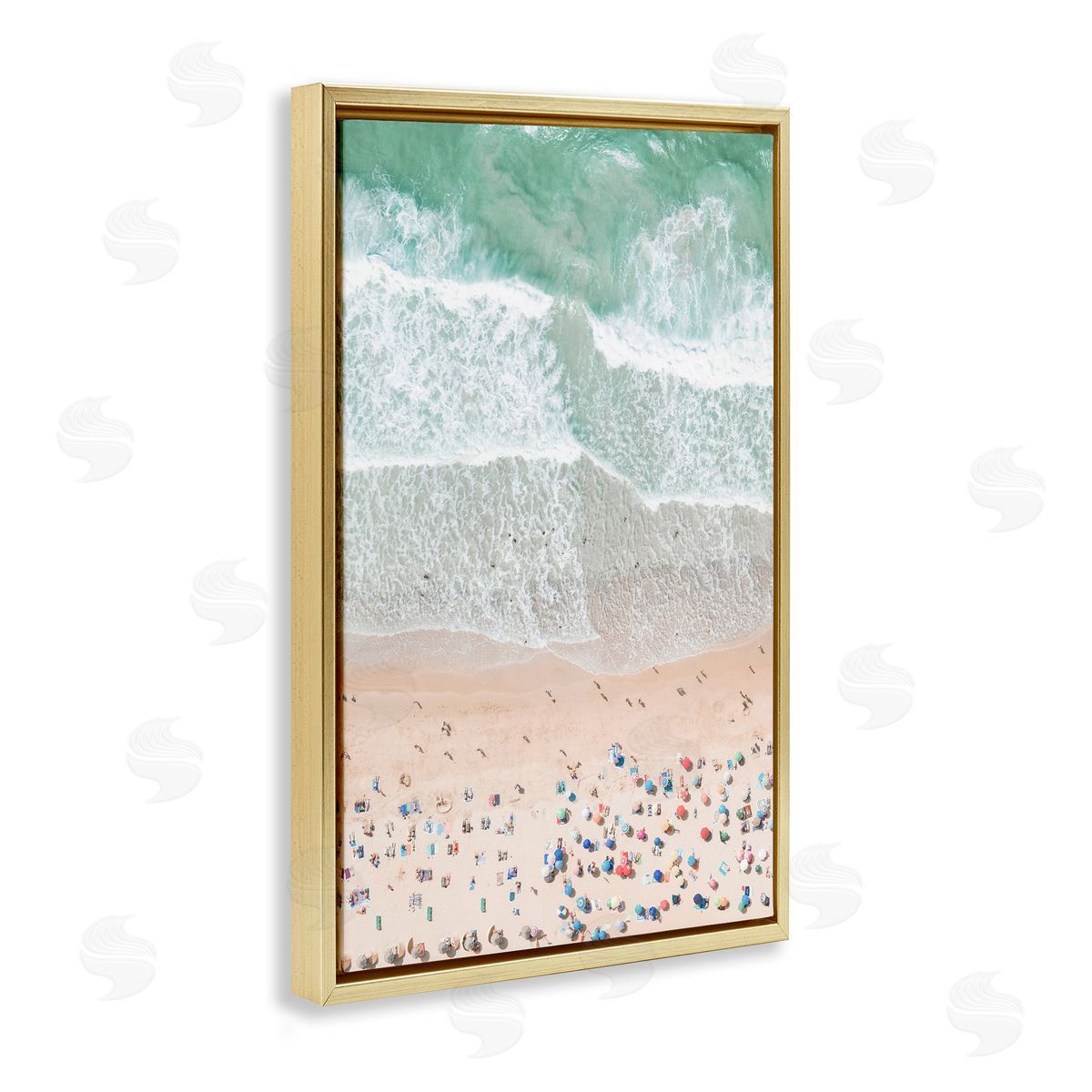 Sisi and Seb Aerial Beachgoers View Gold Floating Frame Canvas Wall Art Print
