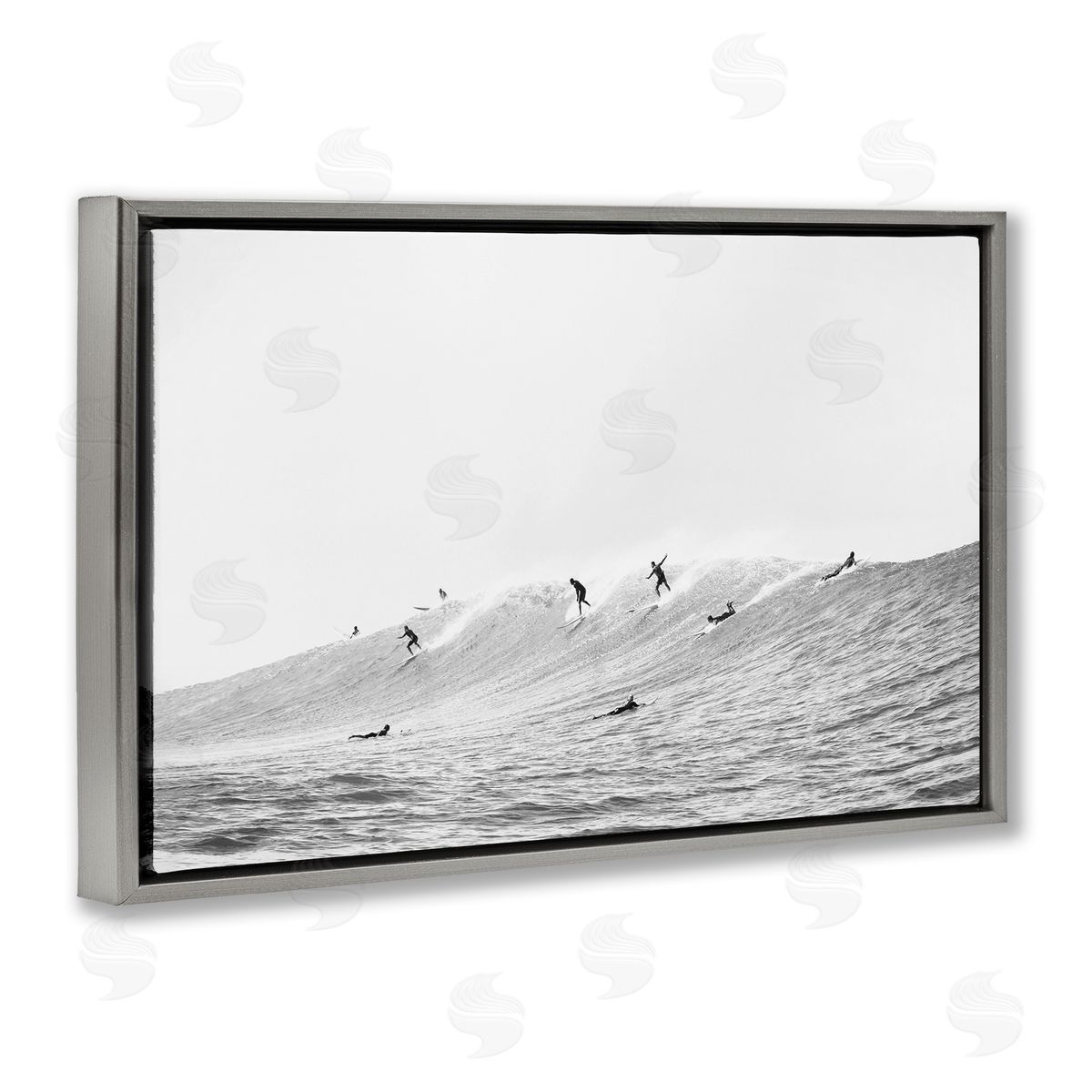 Sisi and Seb Summer Wave Surfers Gray Floating Frame Canvas Wall Art Print