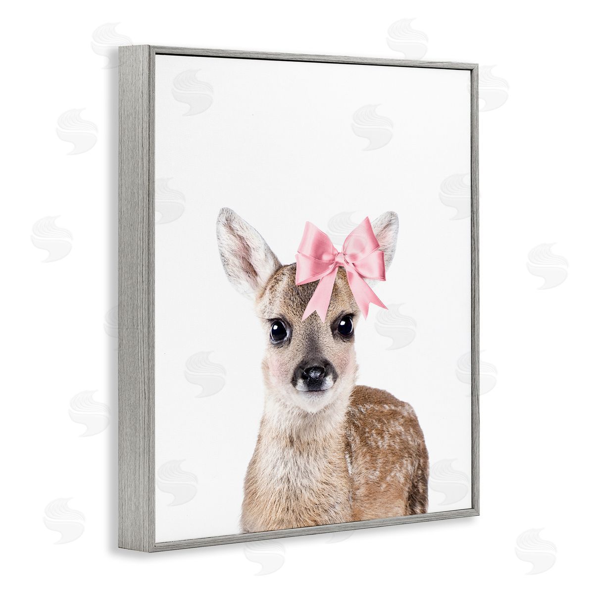 Sisi and Seb Fawn with Pink Bow Gray Framed Giclee Wall Art Print
