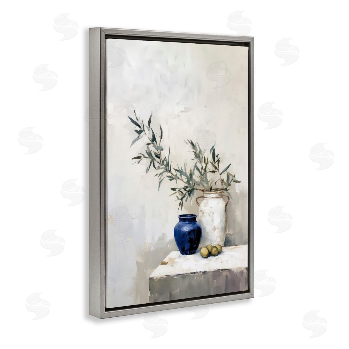Sisi and Seb Olives & Pottery Still Life Gray Floating Frame Canvas Wall Art Print
