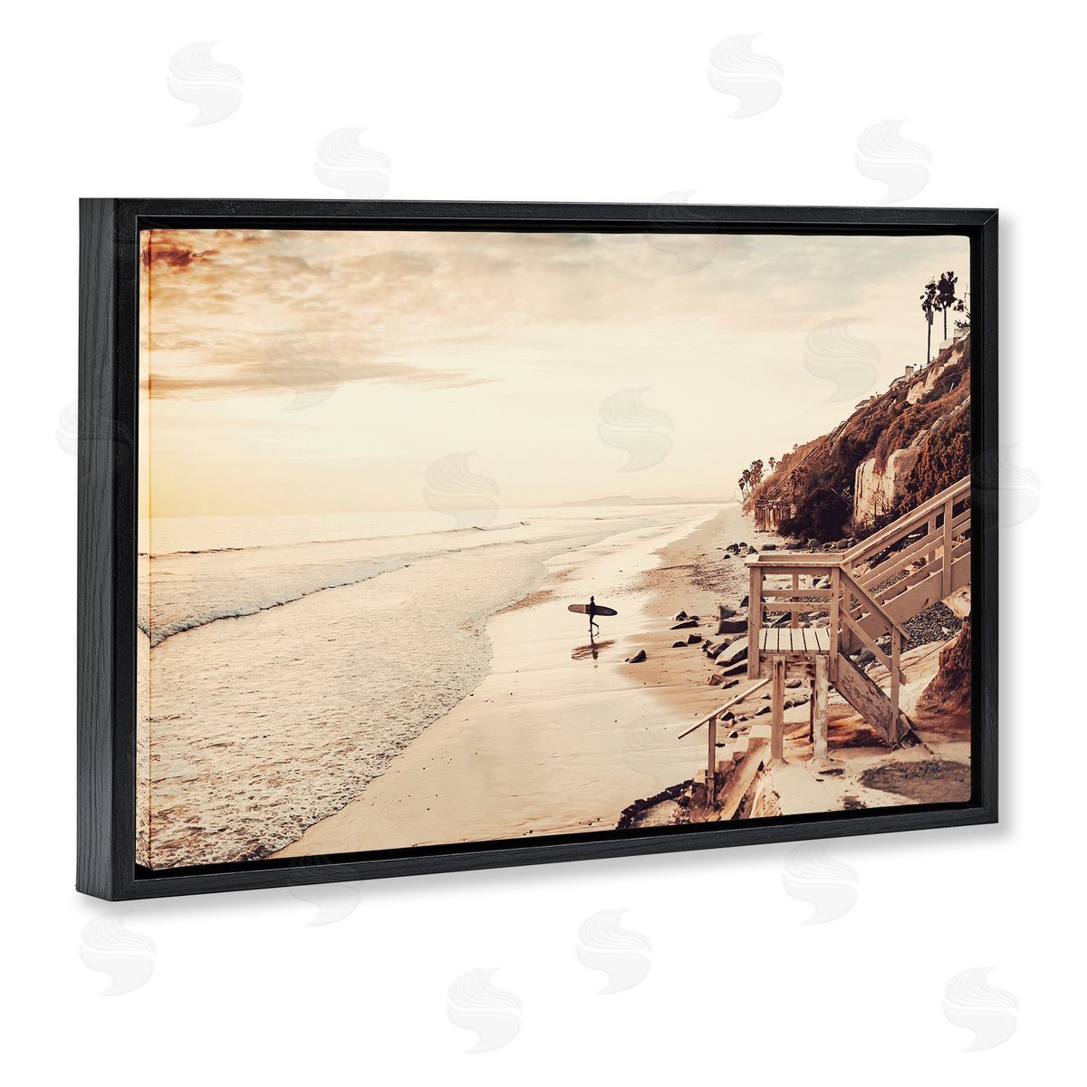 Sisi and Seb Sunset & Surf Landscape Black Floating Frame Canvas Wall Art Print