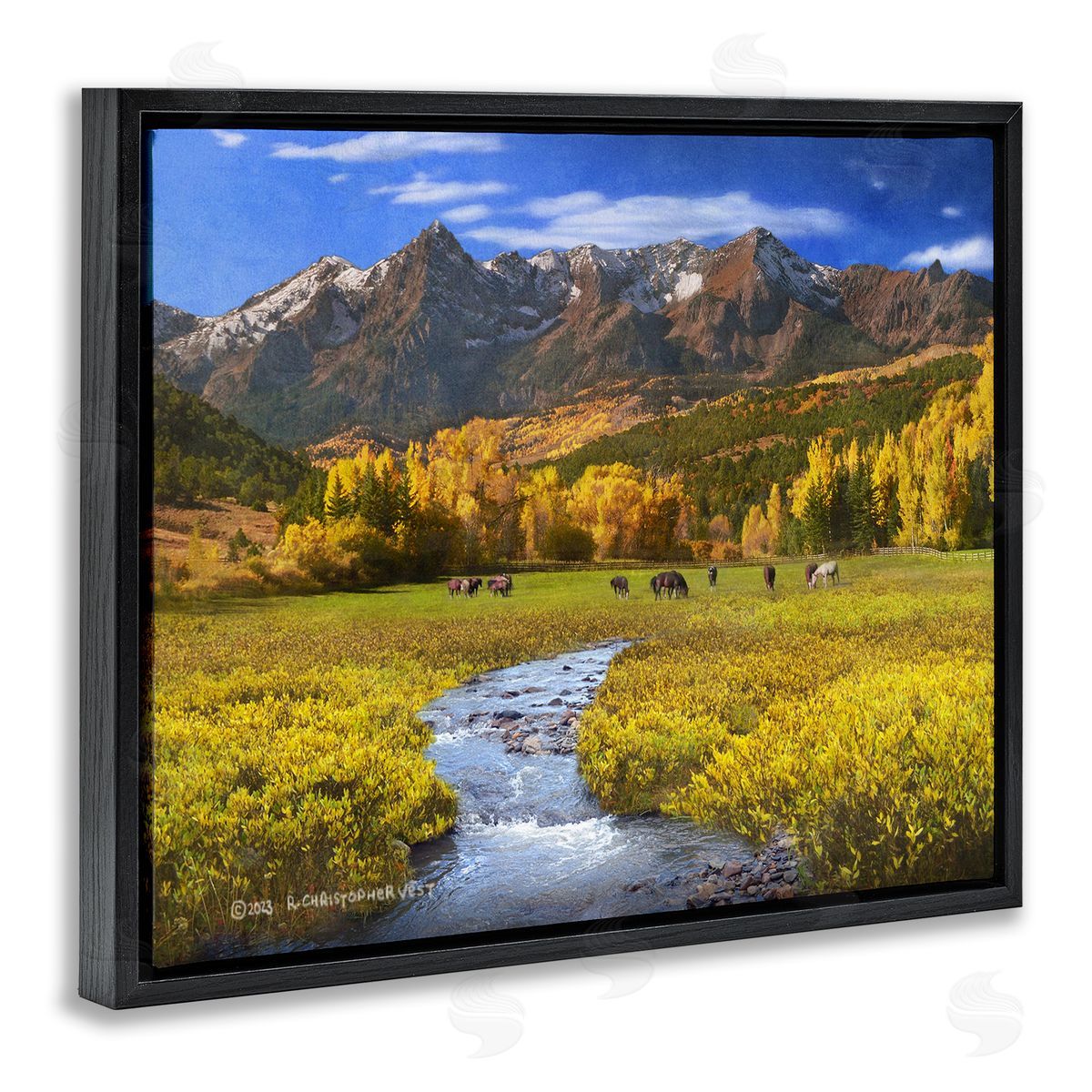 Chris Vest Horse Ranch Autumn View Black Floating Frame Canvas Wall Art Print