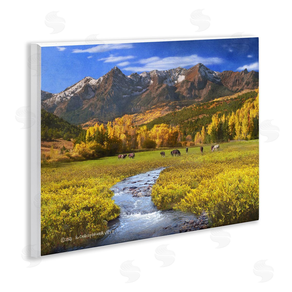 Chris Vest Horse Ranch Autumn View Wooden Wall Plaque Art Print