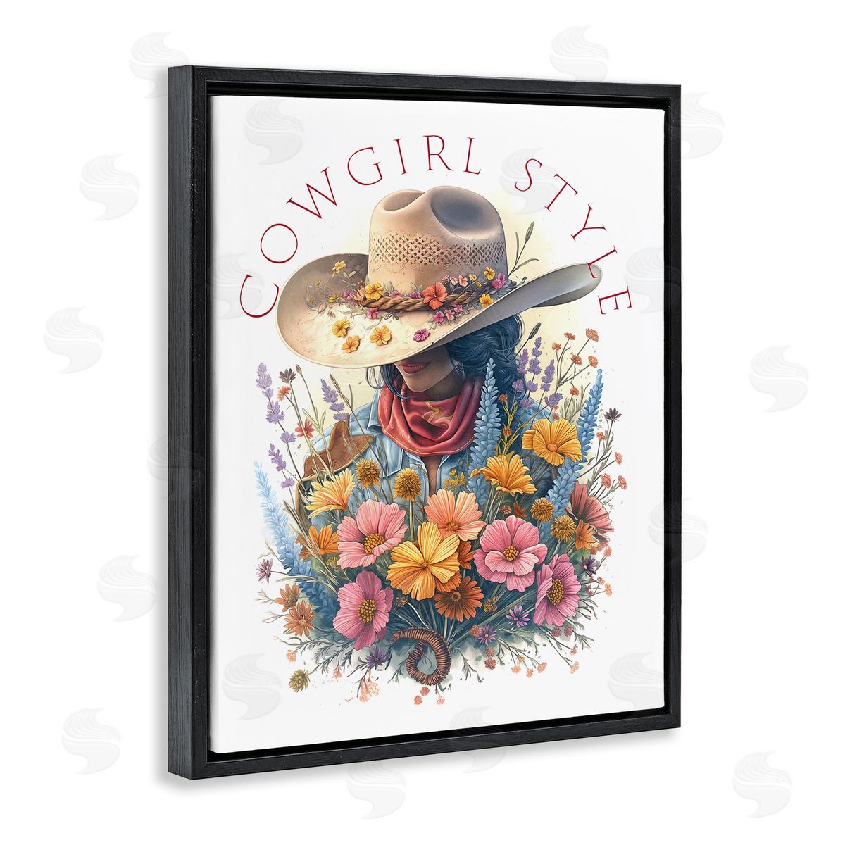 Steve Hunziker Cowgirl Style with Florals Black Floating Frame Canvas Wall Art Print