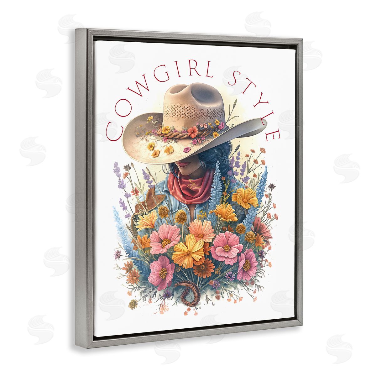 Steve Hunziker Cowgirl Style with Florals Gray Floating Frame Canvas Wall Art Print
