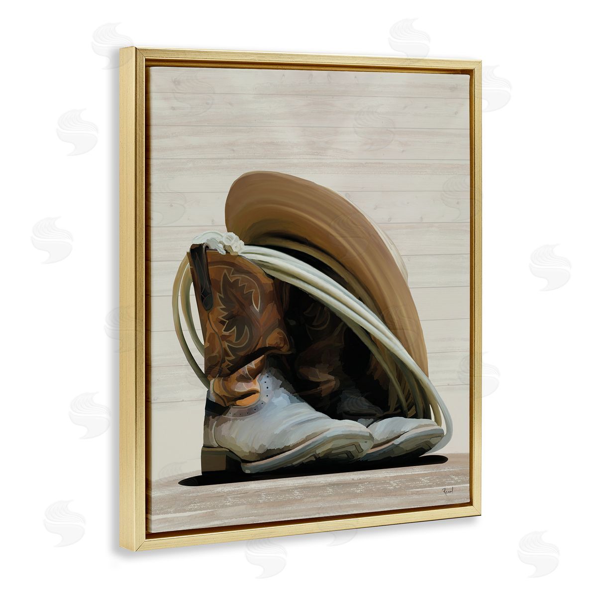 Renel Peters Cowboy Gear on Beige Gold Floating Frame Canvas Wall Art Print