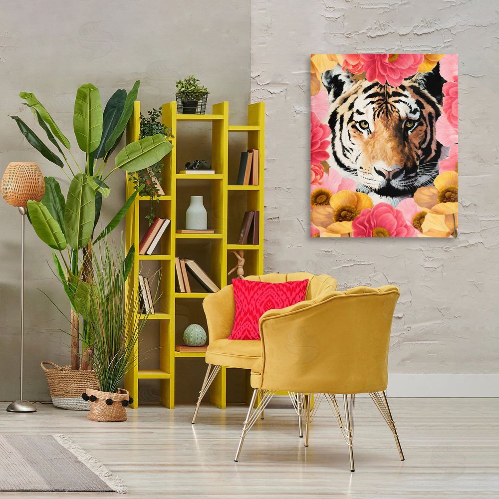 Vivian Rhyan Tiger on Dahlia Florals Canvas Wall Art Print in Room