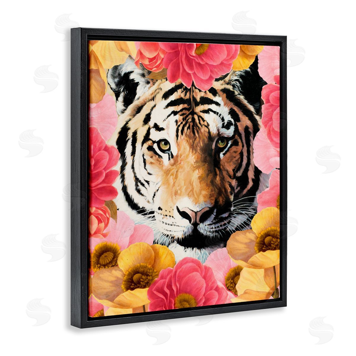 Vivian Rhyan Tiger on Dahlia Florals Black Floating Frame Canvas Wall Art Print