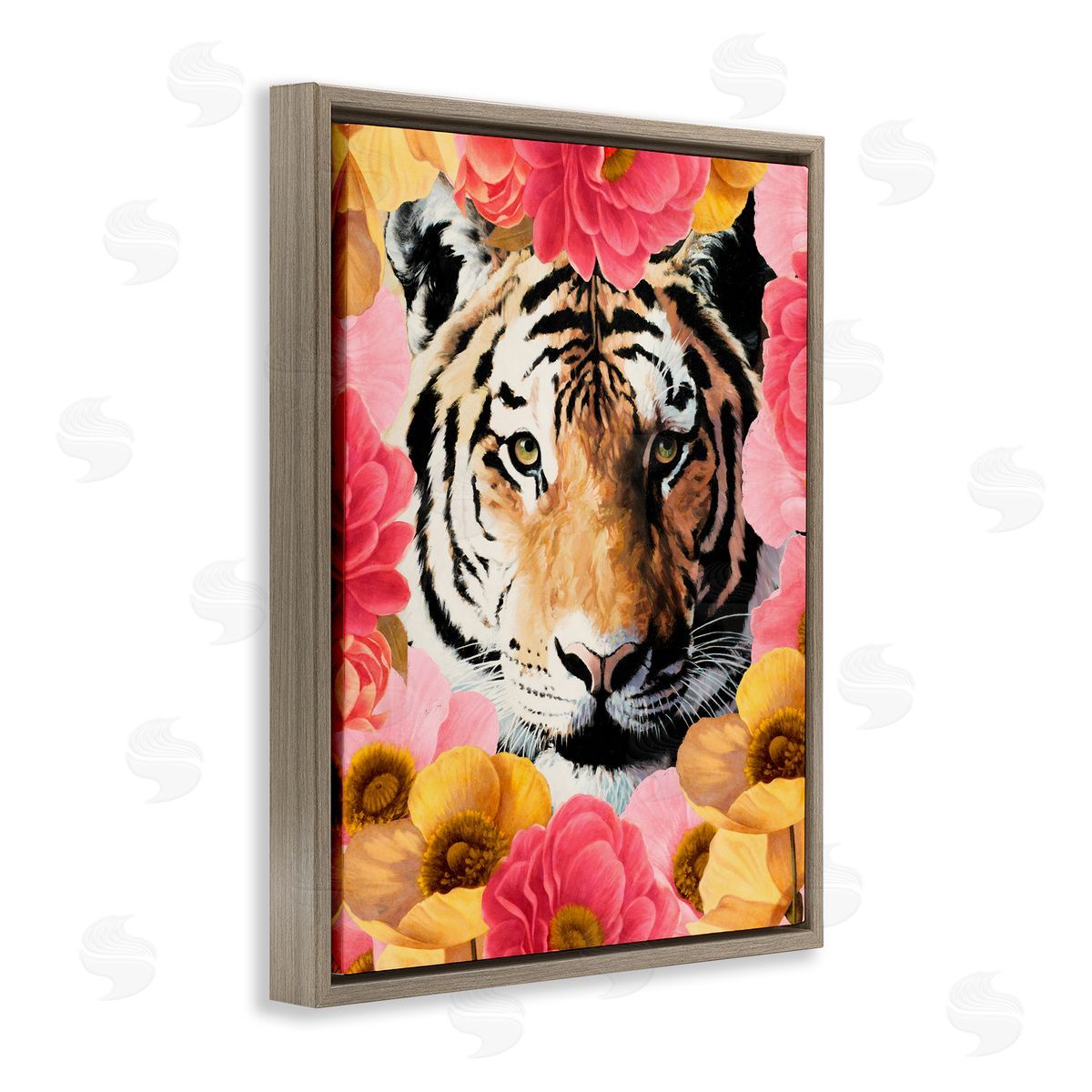 Vivian Rhyan Tiger on Dahlia Florals Brown Floating Frame Canvas Wall Art Print