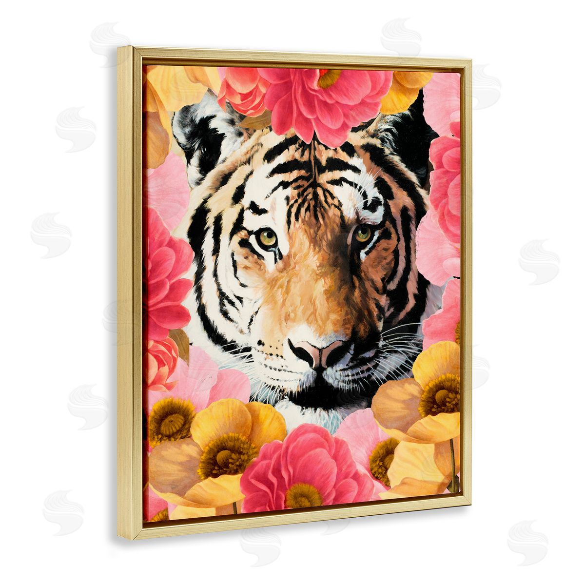 Vivian Rhyan Tiger on Dahlia Florals Gold Floating Frame Canvas Wall Art Print