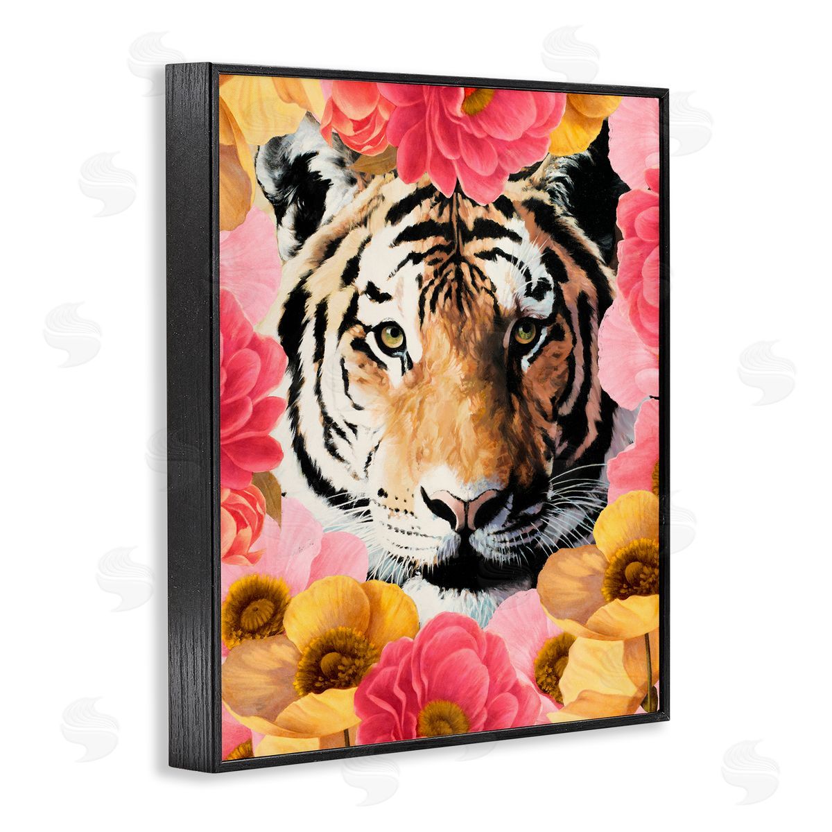 Vivian Rhyan Tiger on Dahlia Florals Black Framed Giclee Wall Art Print