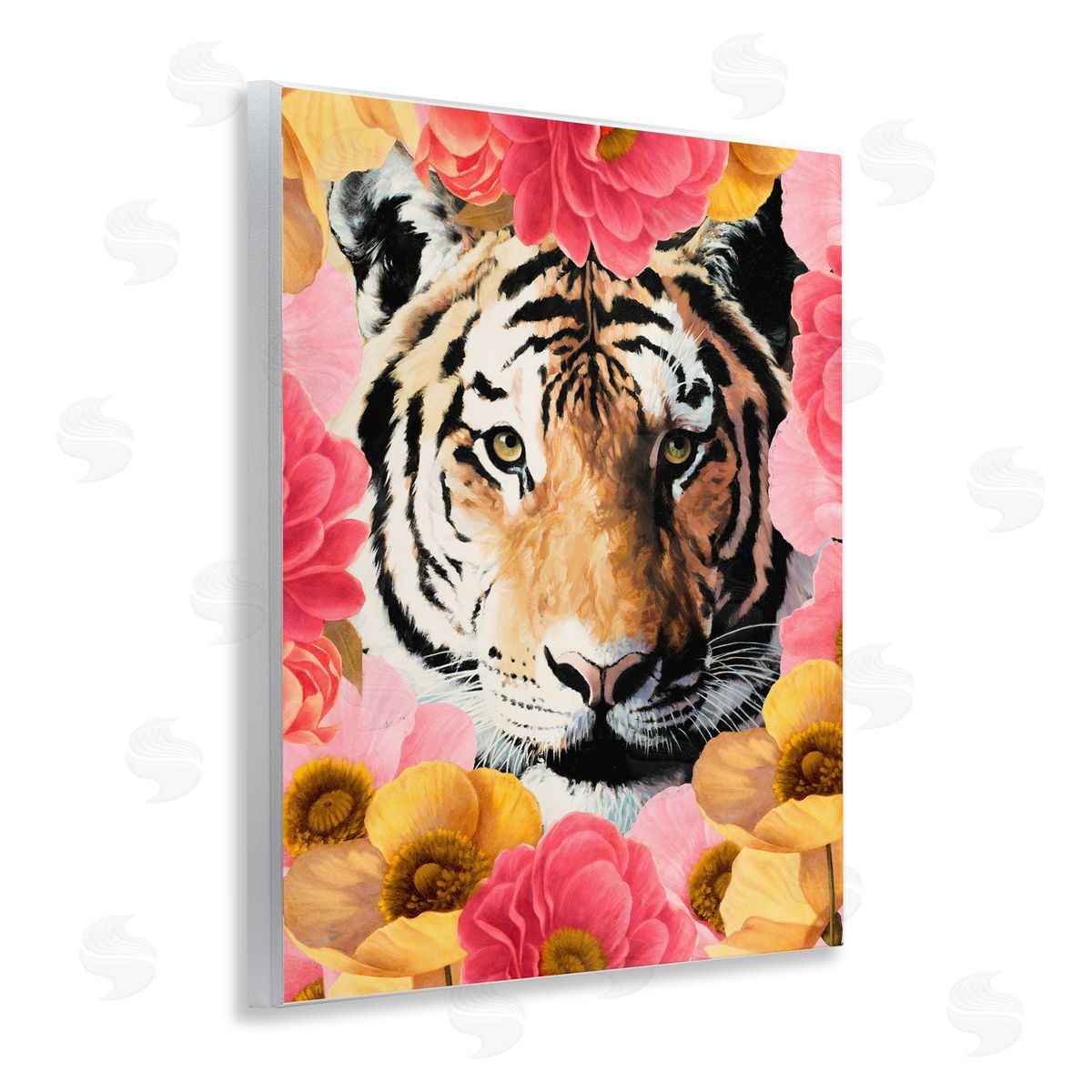 Vivian Rhyan Tiger on Dahlia Florals Wooden Wall Plaque Art Print